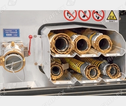 Sideway storage of hose assemblies, tank truck for petrol station delivery